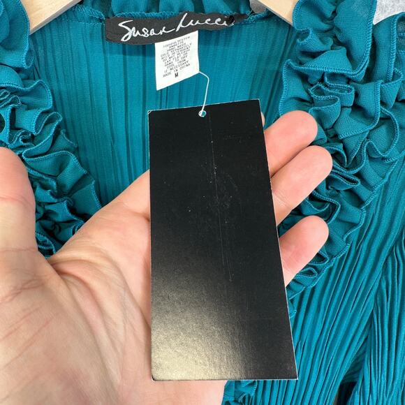 Susan Lucci Blouse Top Womens Medium Teal Green 100% Polyester Pleated Ruffled - Picture 6 of 15